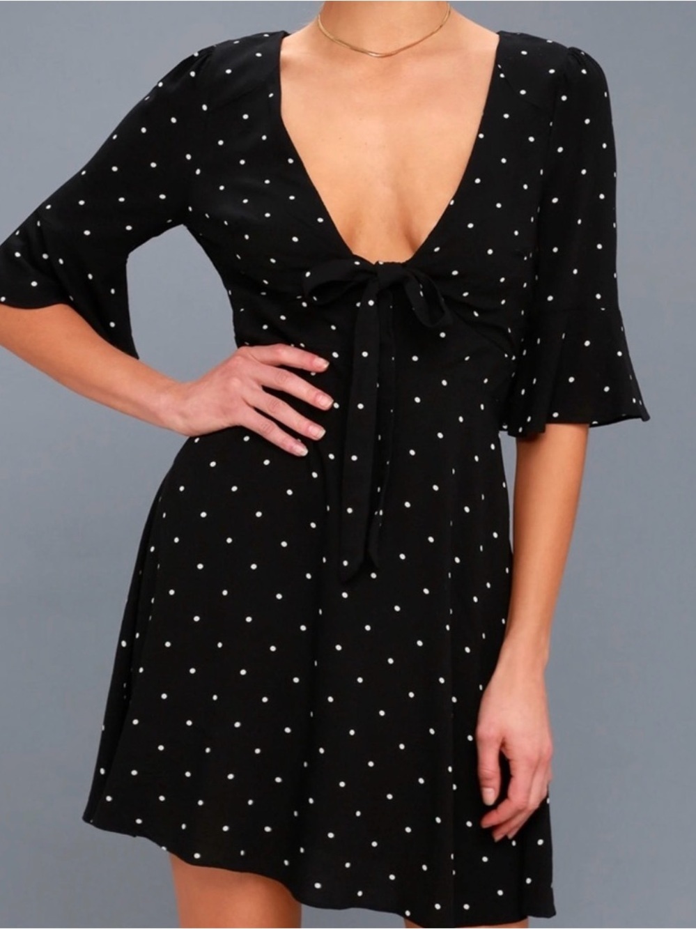 Free People Black Polka Dot Tie-Front Mini Dress Sz 4 Preppy Boho Casual - Picture 6 of 7